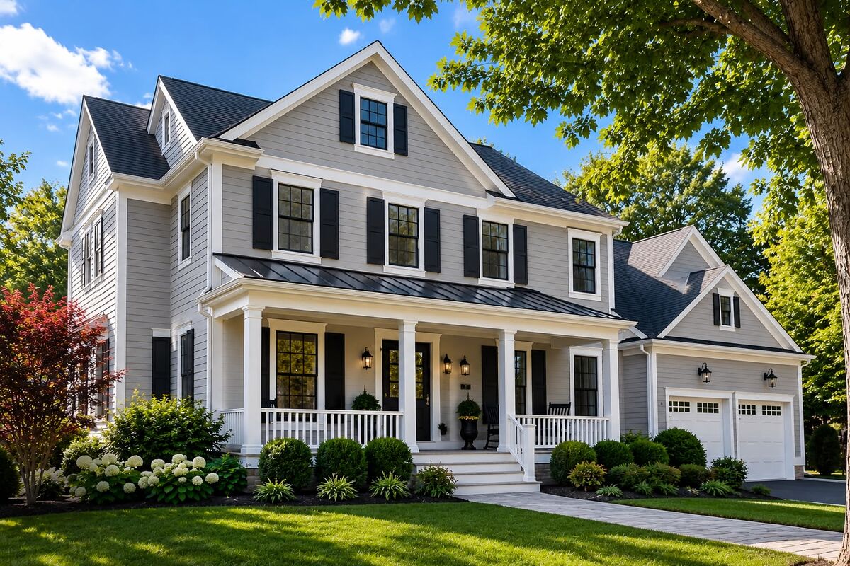 Grey colonial home with white trim, black shutters and a front porch